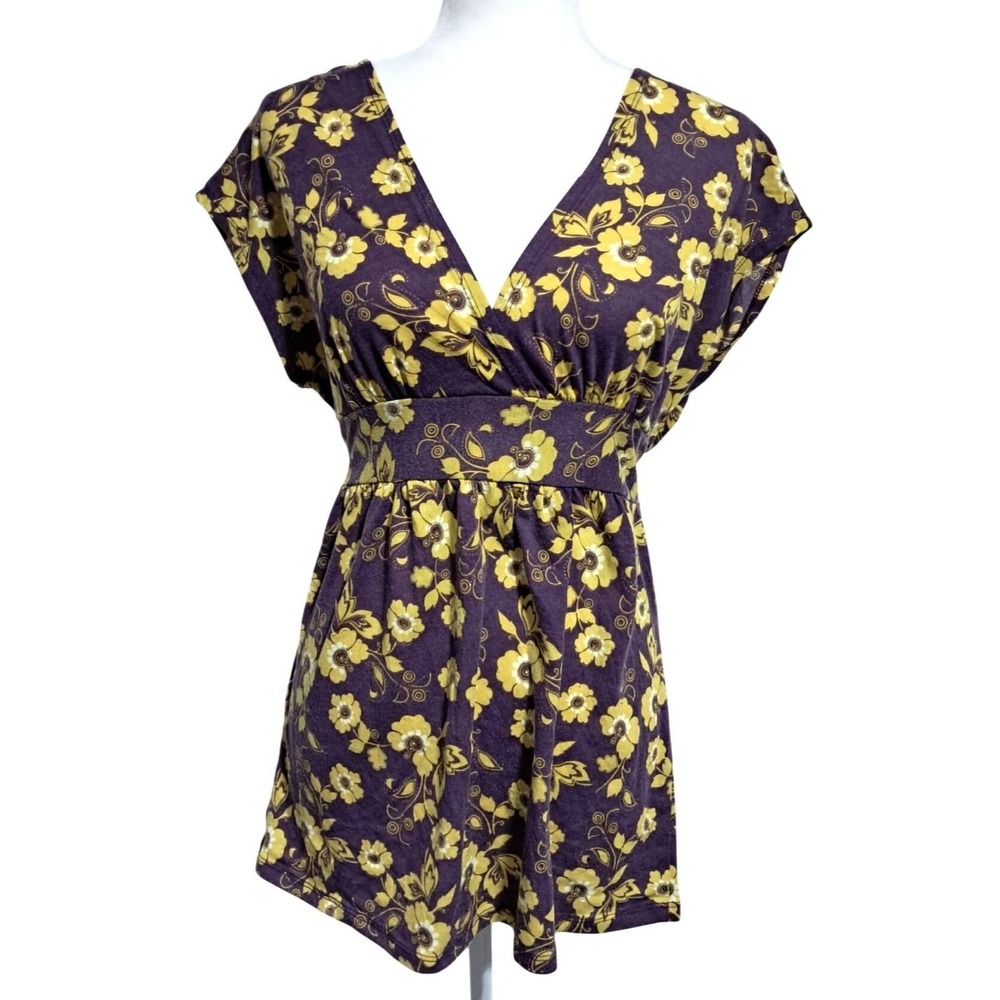 Charlotte Russe Floral Tunic Top Women Medium Purple Yellow Empire Waist V-Neck